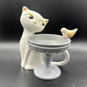2013 PartyLite Ceramic 5" MCM style cat bird feeder Votive Candle Holder